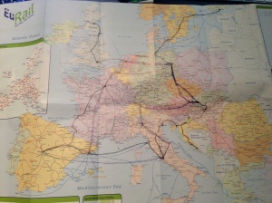 The Eurail Map I used for planning - as you can see, the original plans I made aren't quite what ended up happening. 